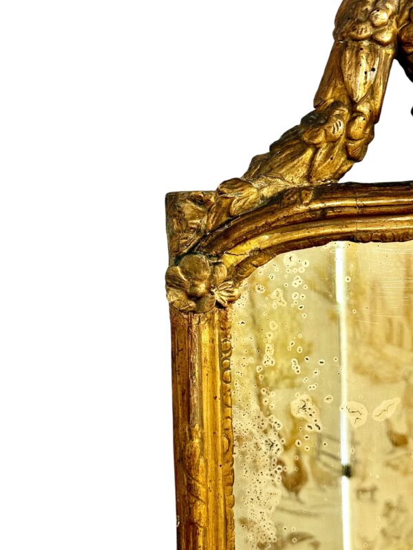 18th Century Louis XVI Giltwood Mirror with Laurel Crest and Draped Base