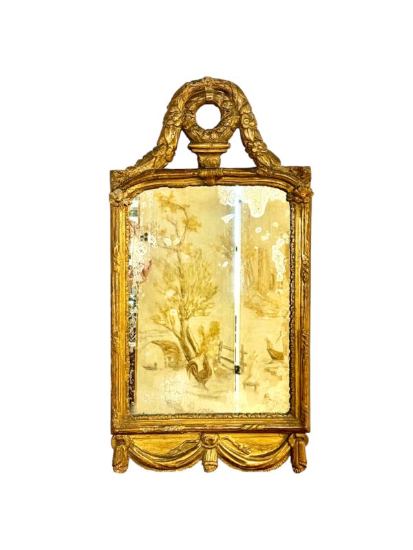 18th Century Louis XVI Giltwood Mirror with Laurel Crest and Draped Base
