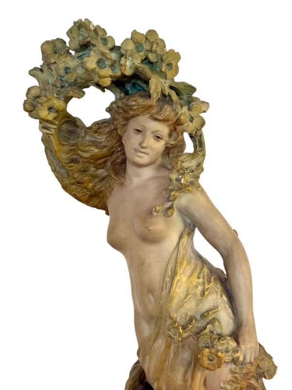 Large French Art Nouveau Polychrome Plaster Statue of a Floral Maiden, c.1900 - Image 5