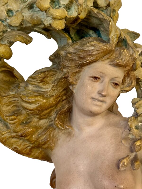 Large French Art Nouveau Polychrome Plaster Statue of a Floral Maiden, c.1900 - Image 2