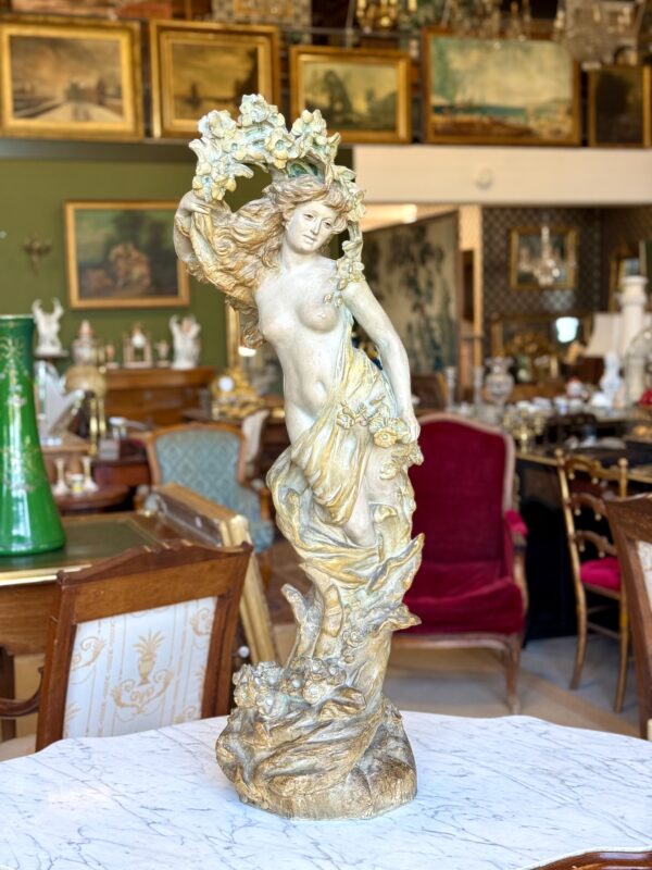 Large French Art Nouveau Polychrome Plaster Statue of a Floral Maiden, c.1900 - Image 7