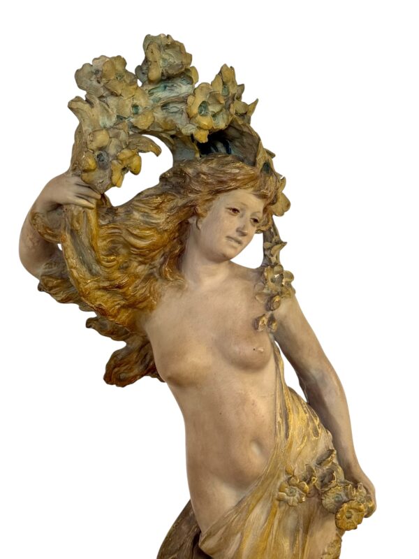 Large French Art Nouveau Polychrome Plaster Statue of a Floral Maiden, c.1900
