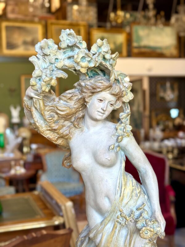 Large French Art Nouveau Polychrome Plaster Statue of a Floral Maiden, c.1900