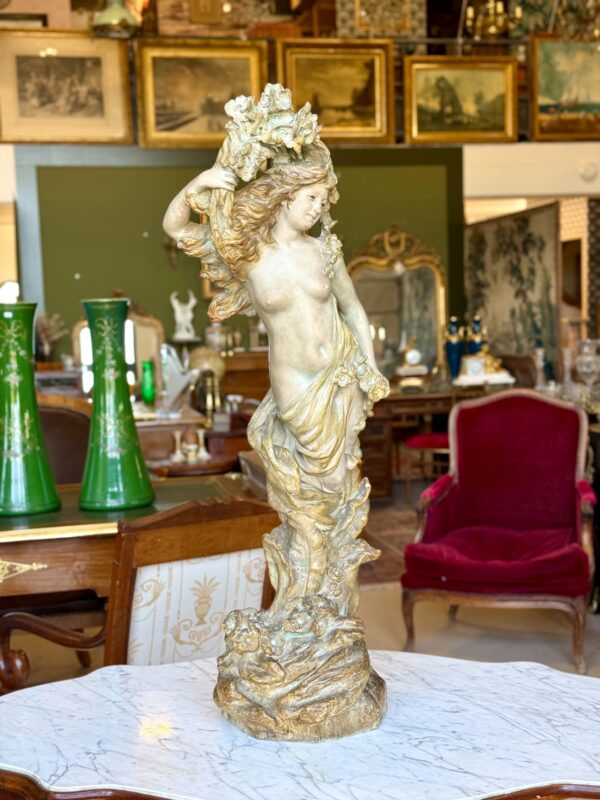 Large French Art Nouveau Polychrome Plaster Statue of a Floral Maiden, c.1900