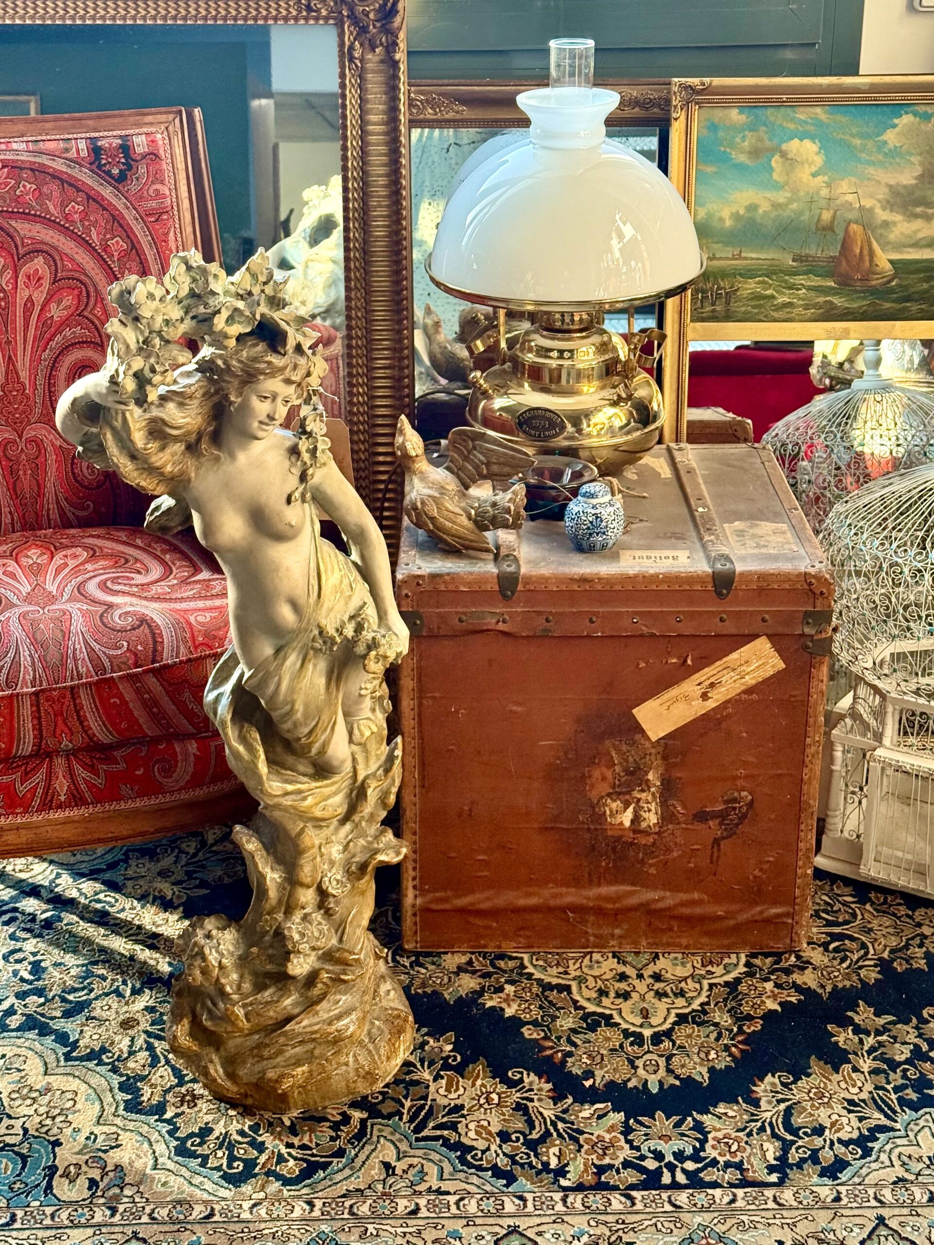 Large French Art Nouveau Polychrome Plaster Statue of a Floral Maiden, c.1900