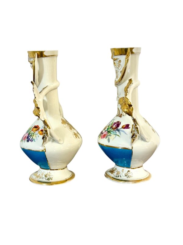 Pair of 19th C. Paris Porcelain Vases with Gilt Handles and Floral Painting - Image 3