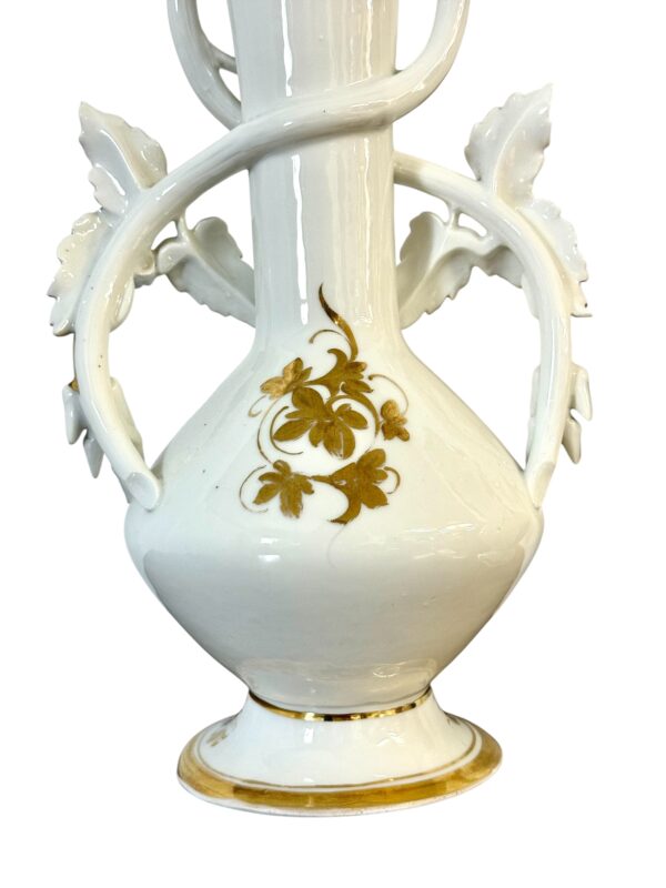 Pair of 19th C. Paris Porcelain Vases with Gilt Handles and Floral Painting