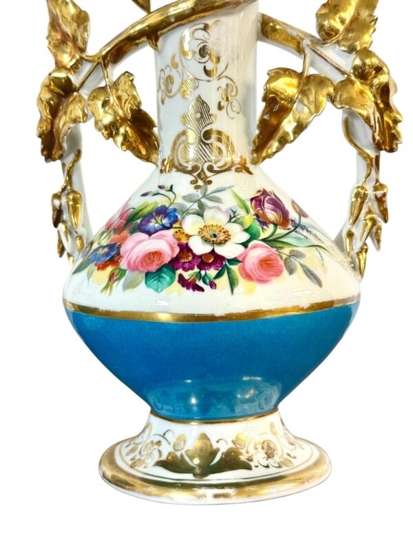 Pair of 19th C. Paris Porcelain Vases with Gilt Handles and Floral Painting - Image 16