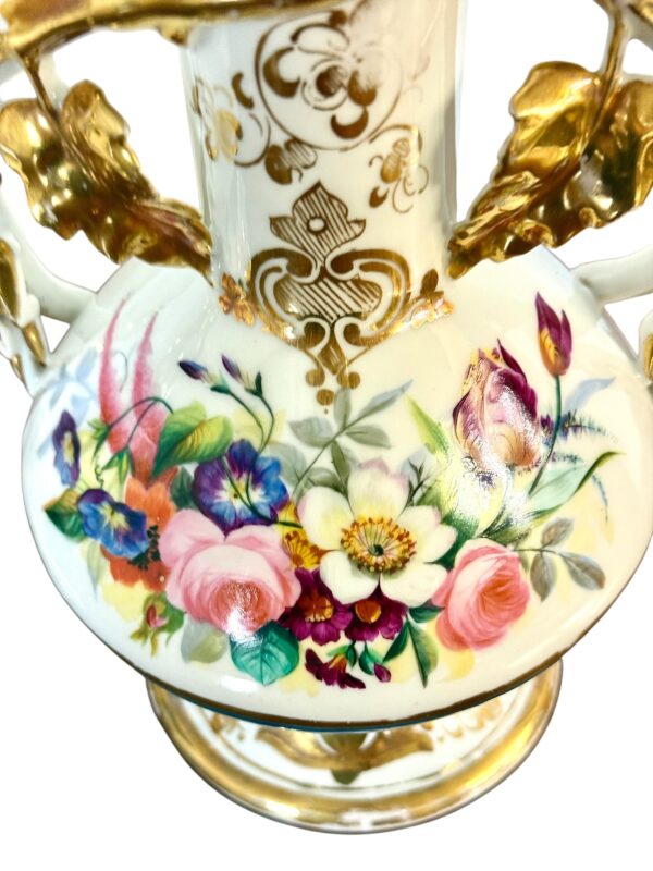 Pair of 19th C. Paris Porcelain Vases with Gilt Handles and Floral Painting - Image 17
