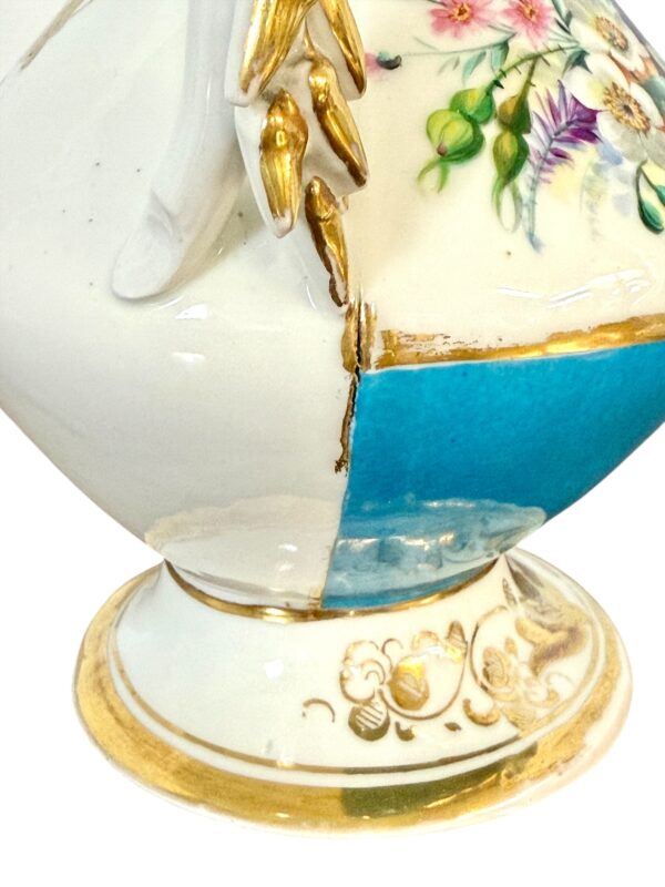 Pair of 19th C. Paris Porcelain Vases with Gilt Handles and Floral Painting