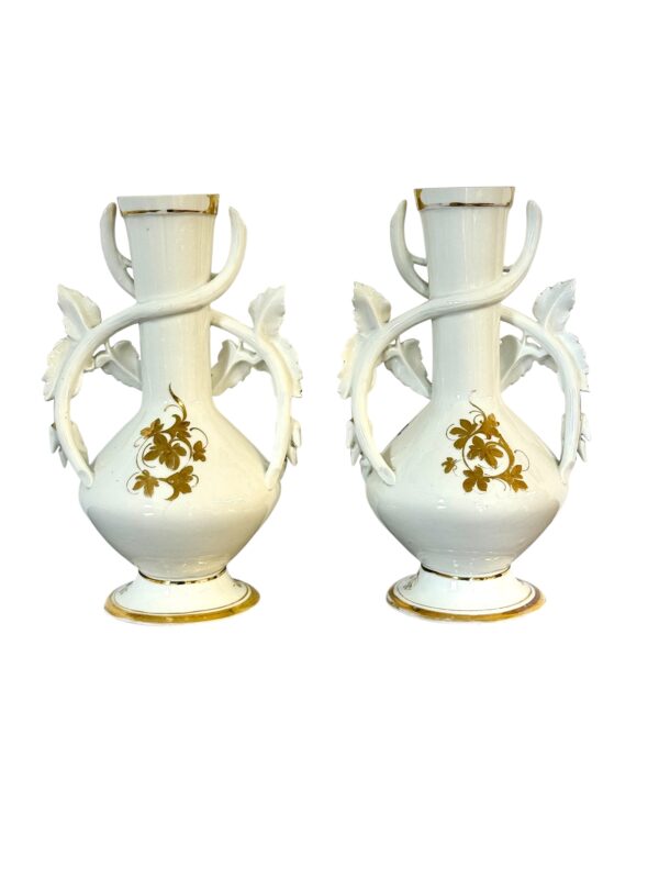 Pair of 19th C. Paris Porcelain Vases with Gilt Handles and Floral Painting