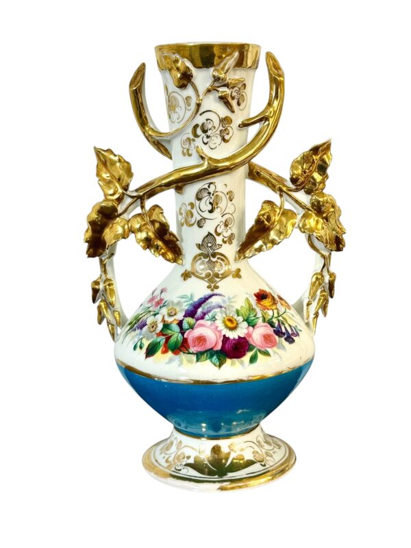 Pair of 19th C. Paris Porcelain Vases with Gilt Handles and Floral Painting