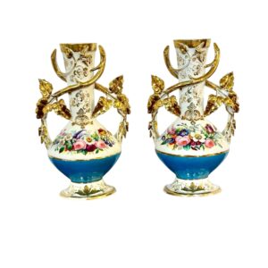 Pair of 19th C. Paris Porcelain Vases with Gilt Handles and Floral Painting