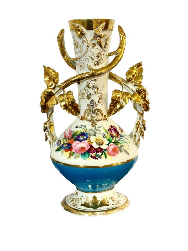 Pair of 19th C. Paris Porcelain Vases with Gilt Handles and Floral Painting