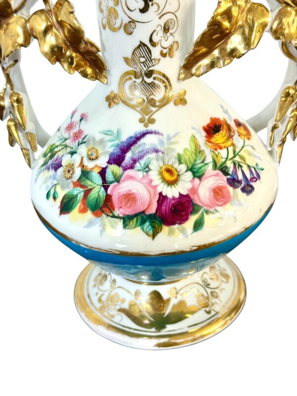 Pair of 19th C. Paris Porcelain Vases with Gilt Handles and Floral Painting - Image 7