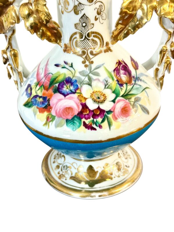 Pair of 19th C. Paris Porcelain Vases with Gilt Handles and Floral Painting - Image 8