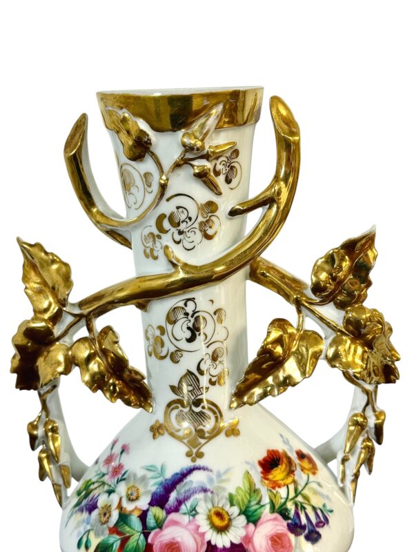 Pair of 19th C. Paris Porcelain Vases with Gilt Handles and Floral Painting - Image 9
