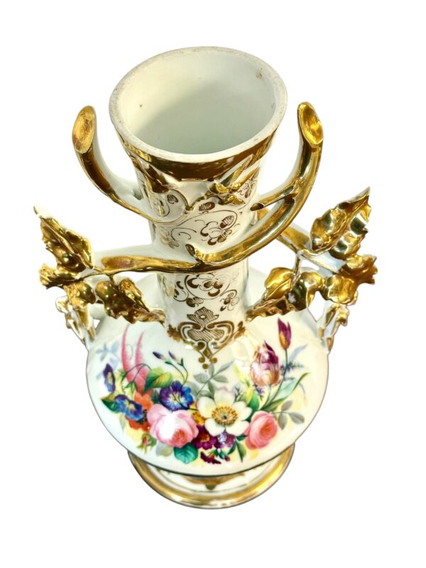 Pair of 19th C. Paris Porcelain Vases with Gilt Handles and Floral Painting