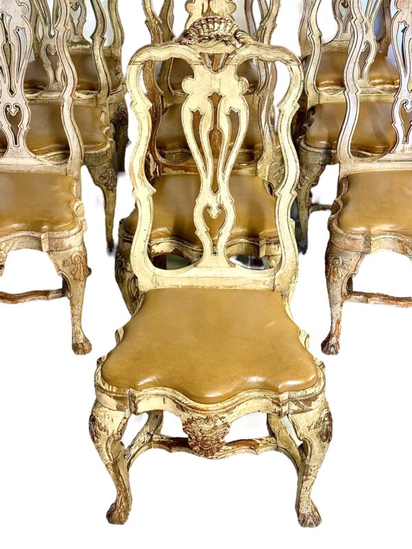 Rare Set of 10 Italian Rococo Dining Chairs with Distressed Patina, c.1800