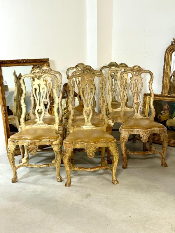Rare Set of 10 Italian Rococo Dining Chairs with Distressed Patina, c.1800
