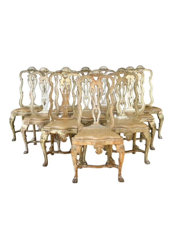 Rare Set of 10 Italian Rococo Dining Chairs with Distressed Patina, c.1800