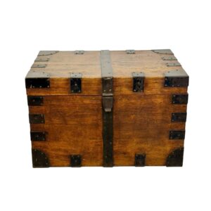 19th Century Flat Top Trunk in Solid Oak with Iron Mounts and Blue Velvet