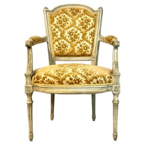 19th Century French Louis XVI Armchair, Patinated Lacquer and Damask