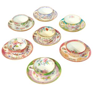 19th Century Set of 7 English Porcelain Tea Cups & Saucers, 6 Signed Minton