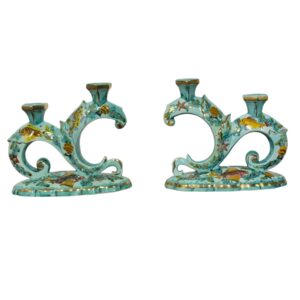 Rare Signed Monaco Majolica Double Candlesticks with Marine Décor