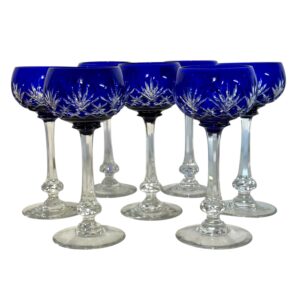 Set of 7 Deep Cobalt Blue Overlay Crystal glasses