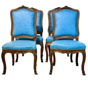 Set of Four 19th Century French Louis XV Walnut Chairs with Sky Blue Leather
