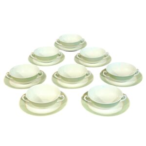 8 Limoges Porcelain Bouillons by A. Vignaud with Gold and Celadon Trim