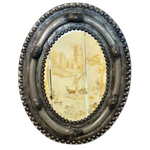 Antique Embossed Metal Oval Mirror with Cabochons and Rosettes