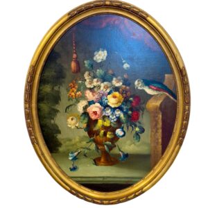 Floral Still Life with Parrot, Oval Oil on Panel, Signed, Late 19th c.