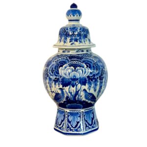 Large Blue and White Delft Lidded Vase with Birds and Flowers