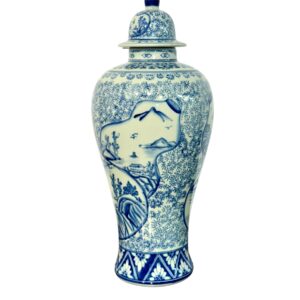 Large Blue and White Faience Lidded Vase with Landscape Motifs