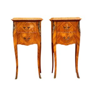Pair of French Louis XV Style Marquetry Nightstands with Marble Tops