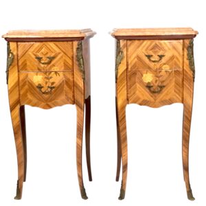 Pair of French Louis XV Style Marquetry Nightstands with Marble Tops