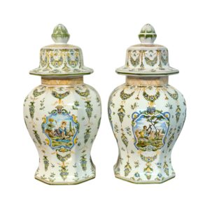 Pair of Hand-Painted Moustiers Faience Lidded Vases Signed Lallier