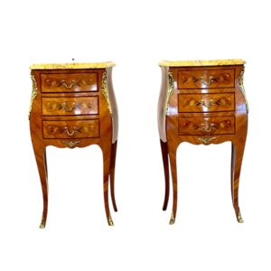Pair of Louis XV Style Marquetry Bedside Tables with Marble Tops, c. 1920