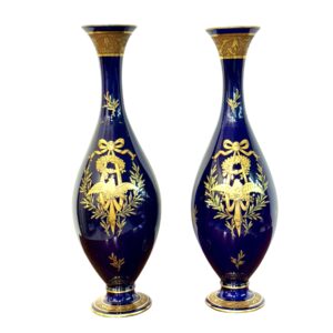 Rare Pair of Cobalt Blue & Gilt Amphora Vases by Jaget & Pinon, Tours c.1930