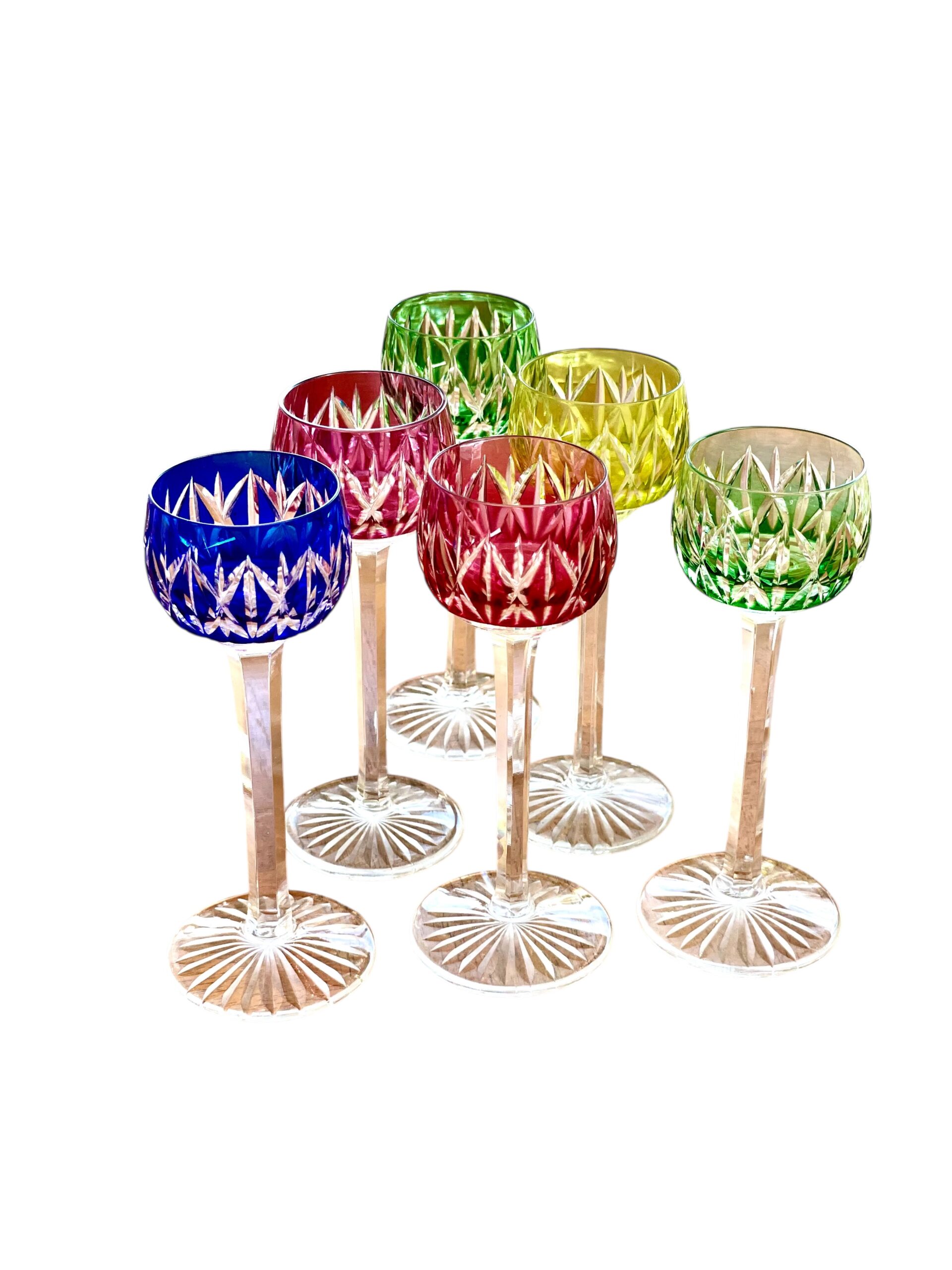 Saint Louis Set of Six Coloured Crystal Liqueur Glasses