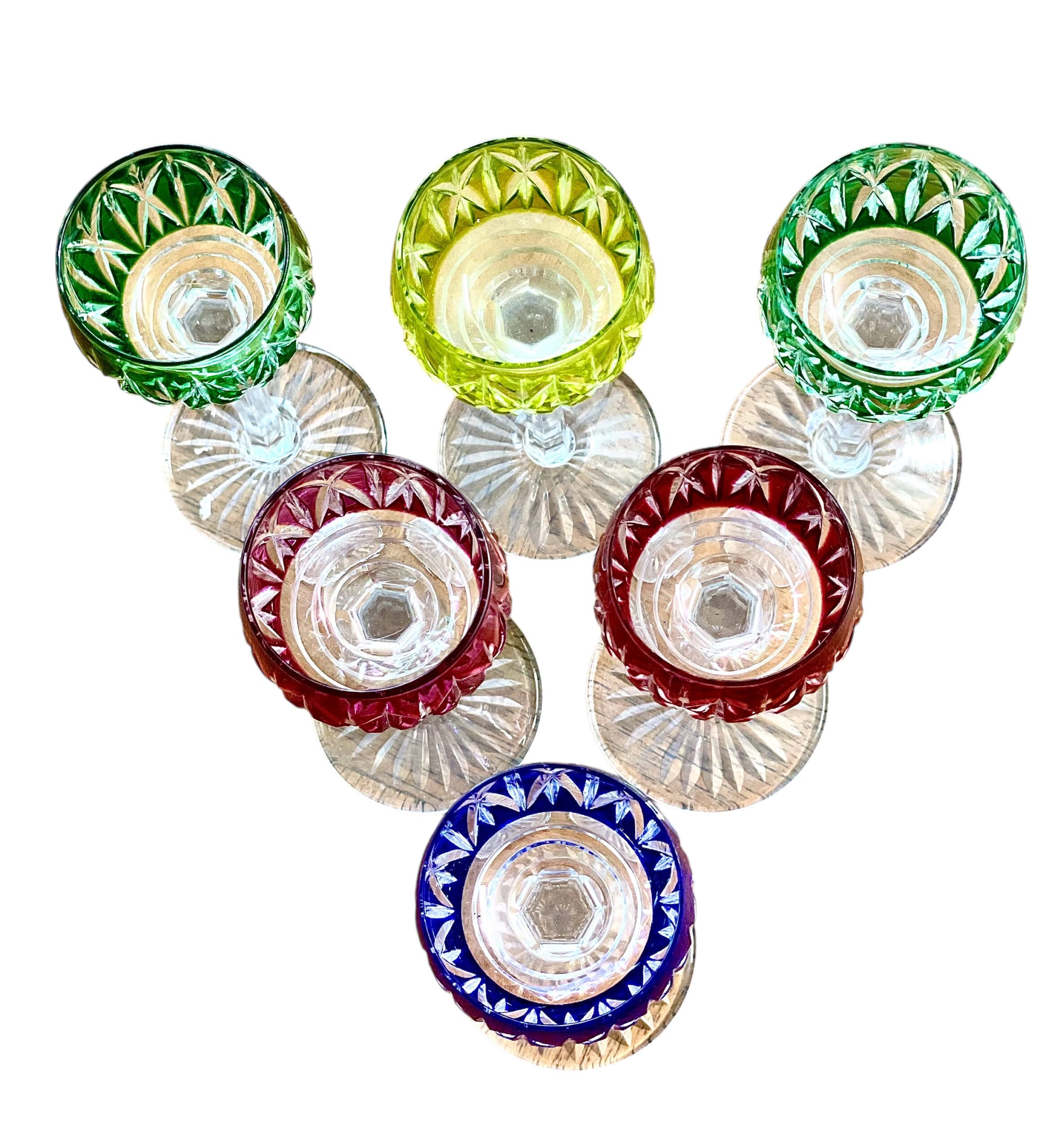 Saint Louis Set of Six Coloured Crystal Liqueur Glasses