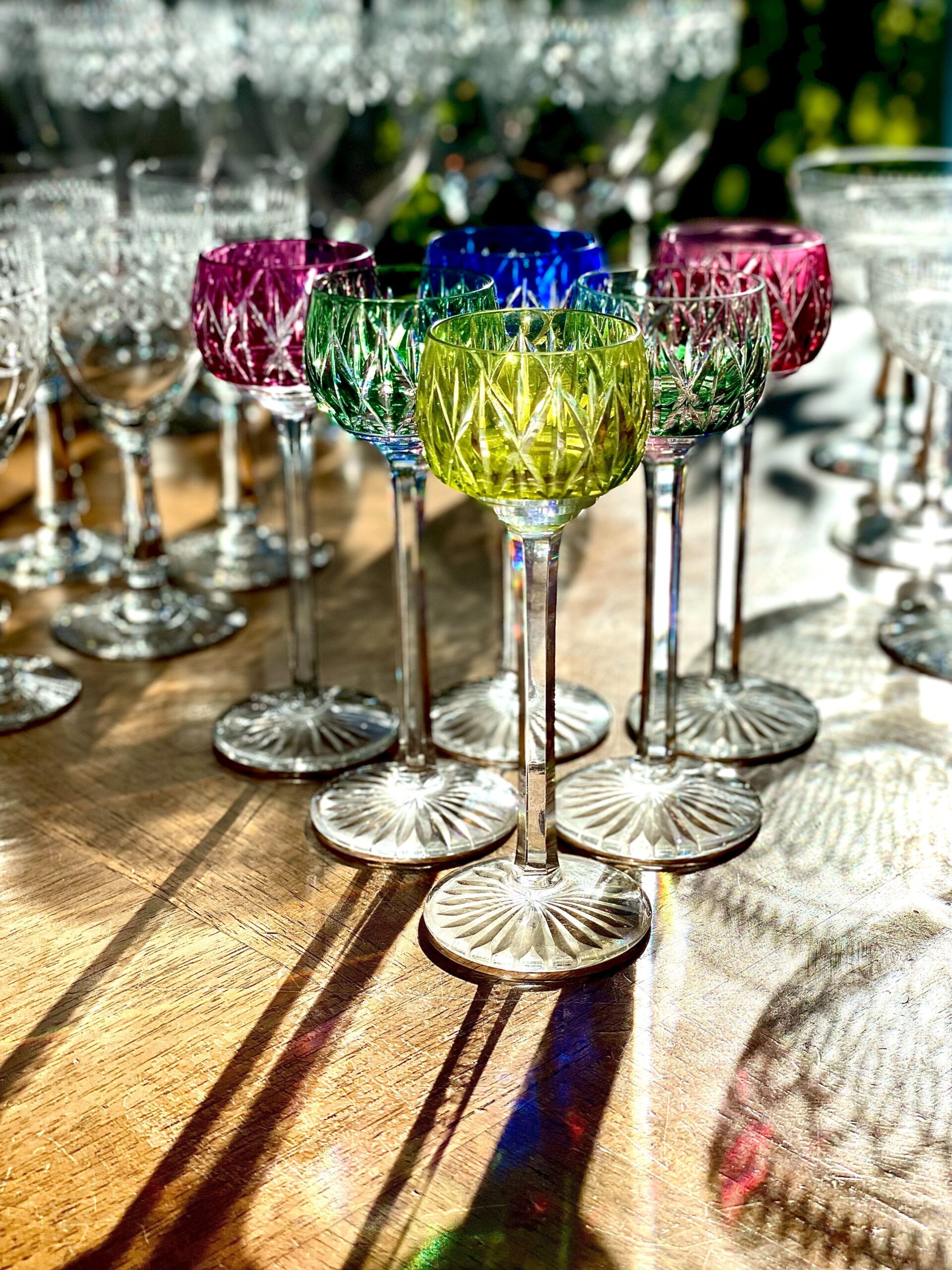 Set of Six Saint Louis Coloured Crystal Liqueur Glasses