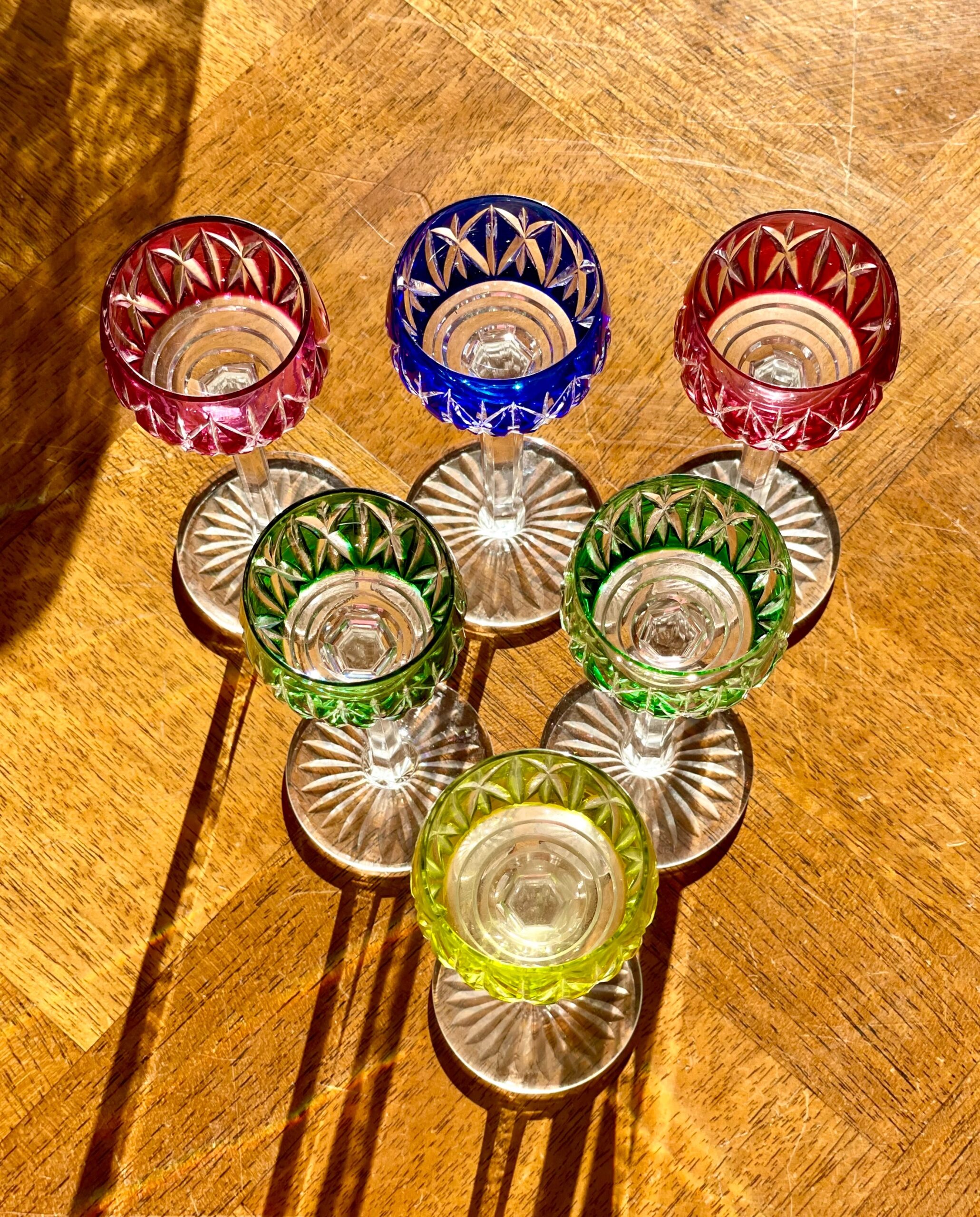 Set of Six Saint Louis Coloured Crystal Liqueur Glasses