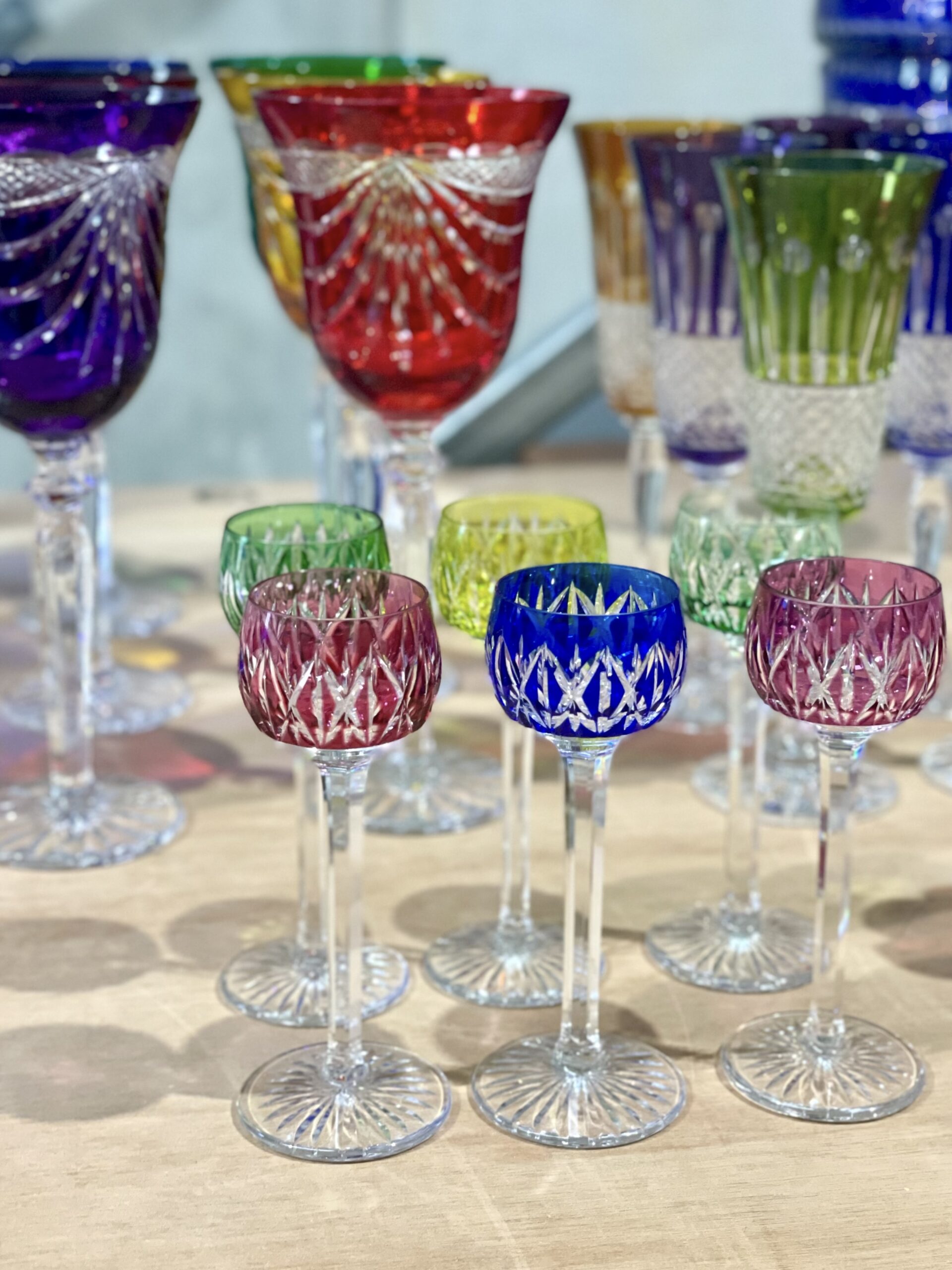 Set of Six Saint Louis Coloured Crystal Liqueur Glasses