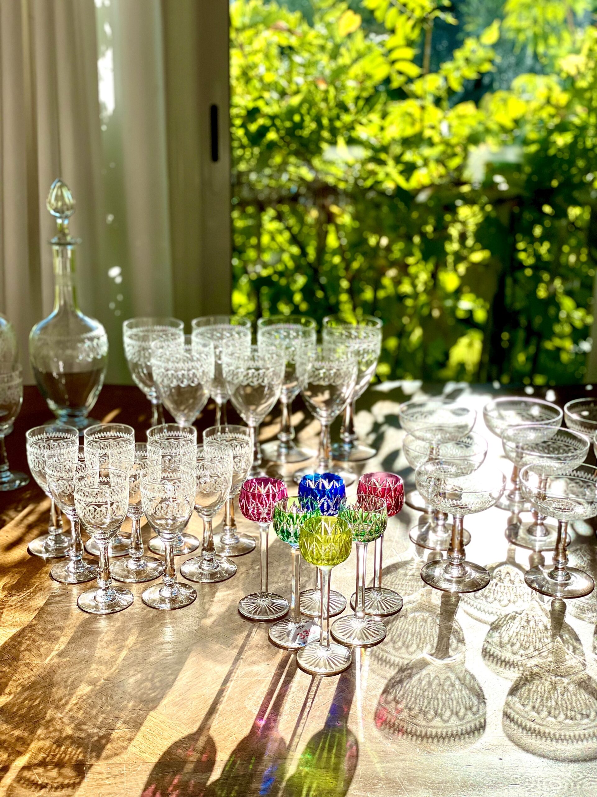 Set of Six Saint Louis Coloured Crystal Liqueur Glasses