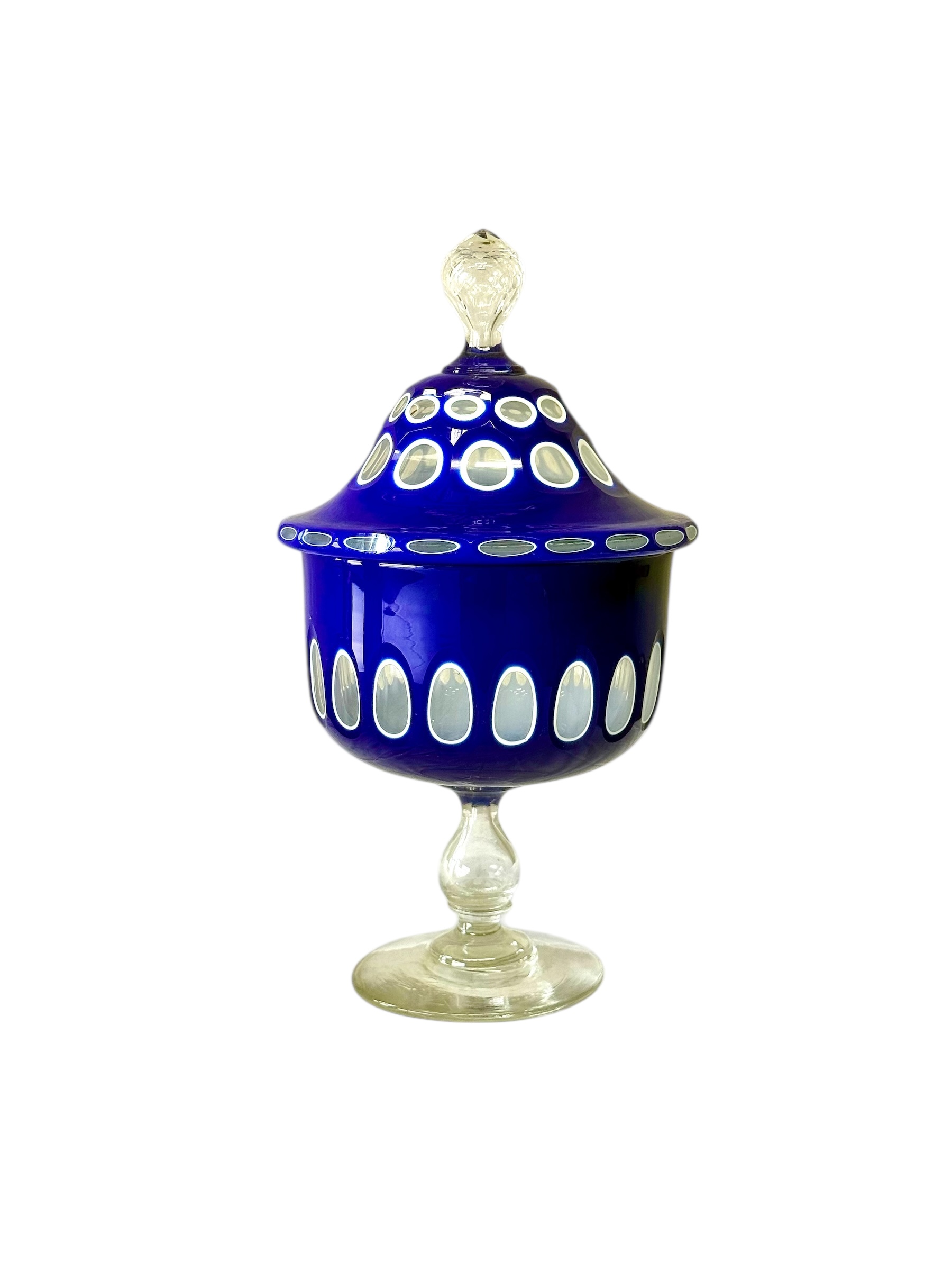 19th Century Blue Overlay and Opaline Glass Covered Drageoir