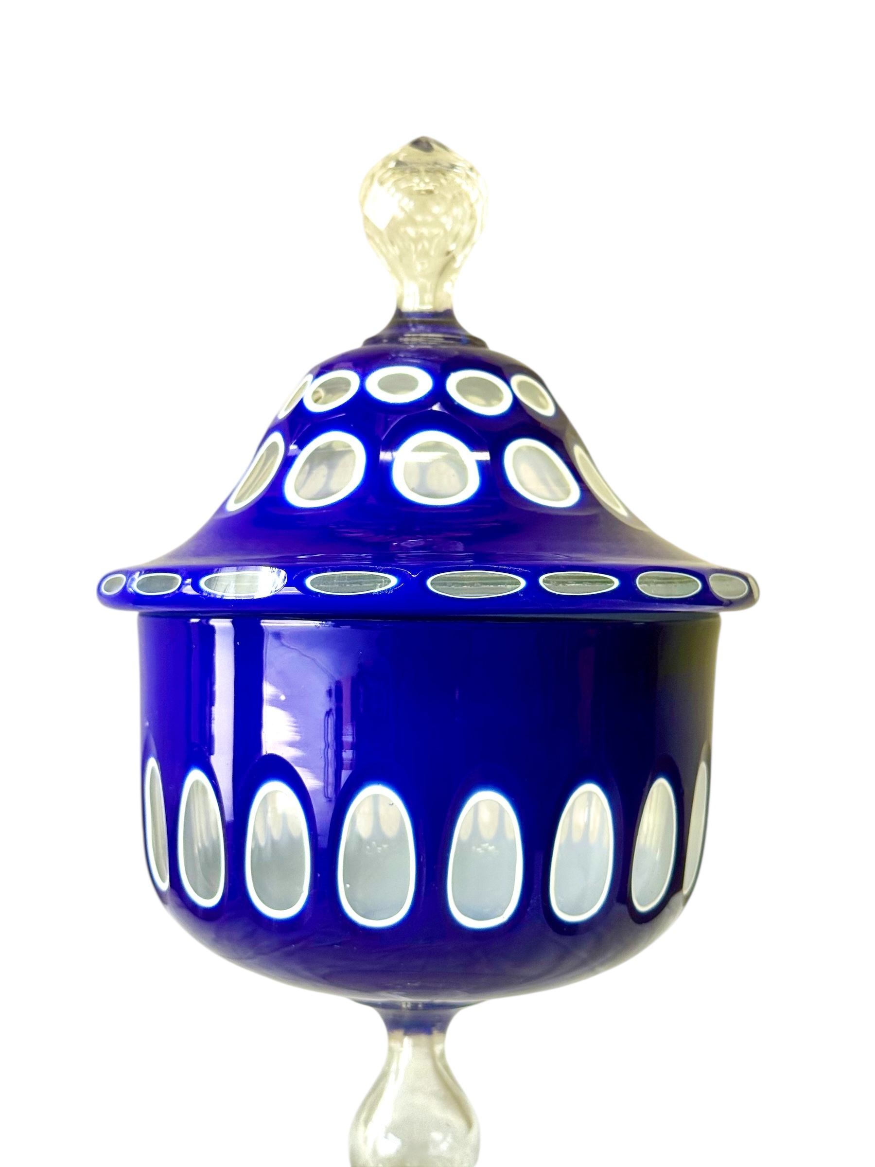 19th Century Blue Overlay and Opaline Glass Covered Drageoir