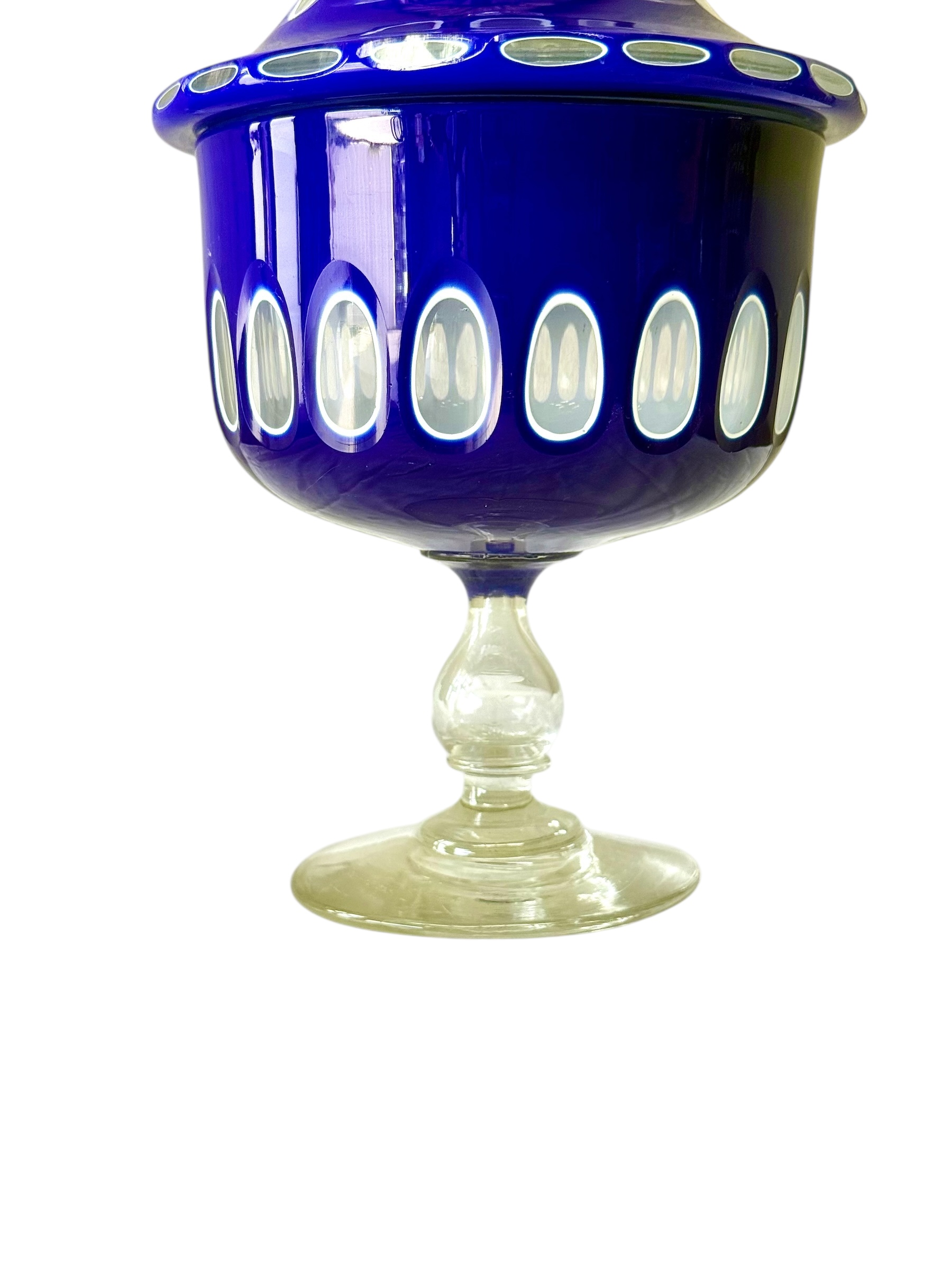 19th Century Blue Overlay and Opaline Glass Covered Drageoir